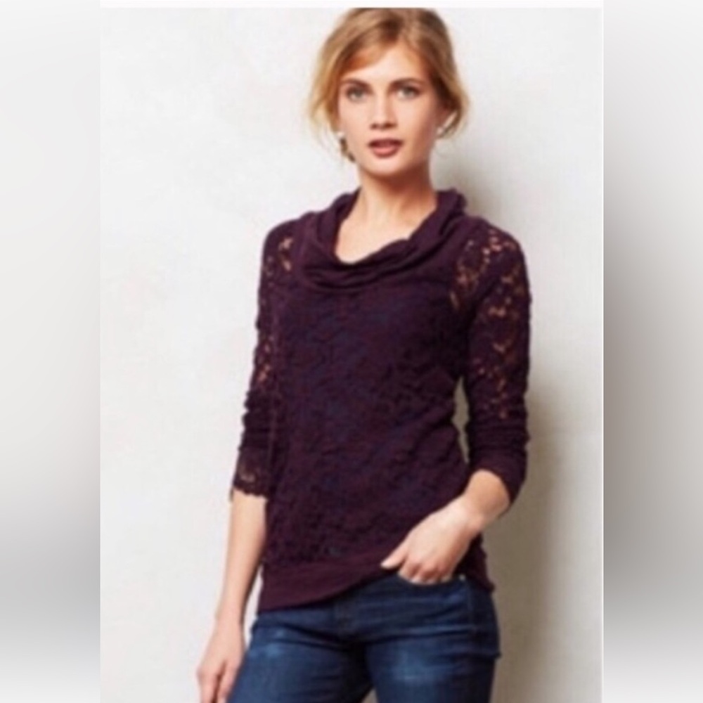 Anthropologie LILKA Eggplant Purple Lace Cowl Neck Top - Size Small
